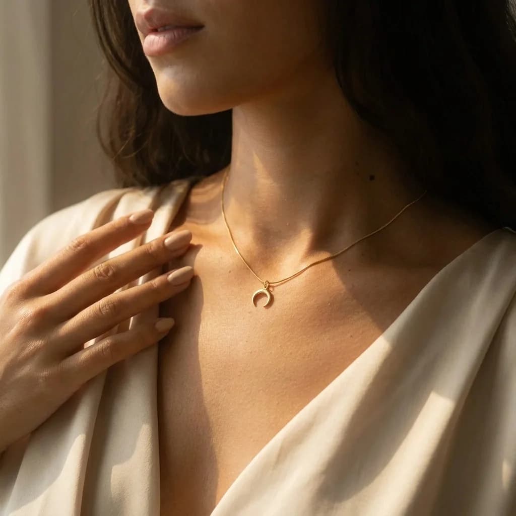 Collier en plaqué or 18 carats porté sur un décolleté — guide bijoux Maroc Orevia Paris